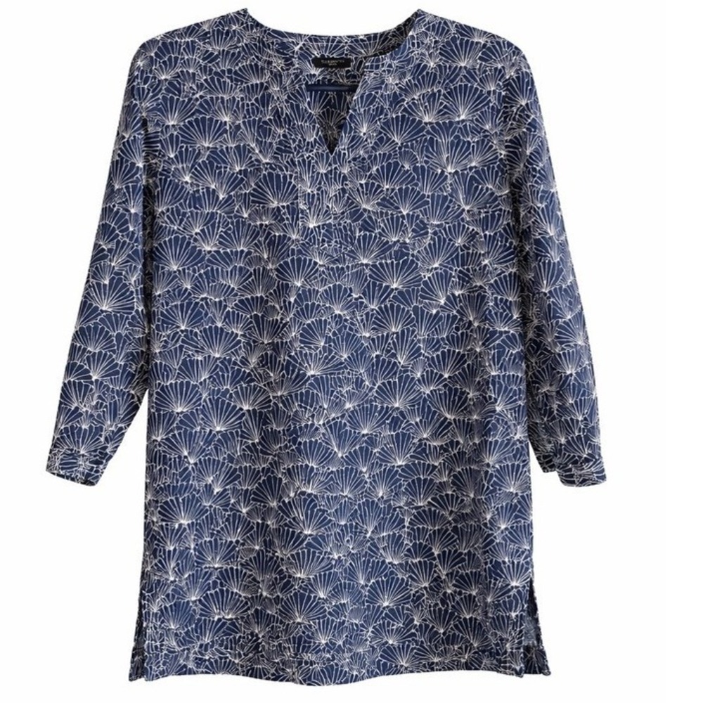 Talbots Tunic Petite Medium Navy Ivory Fan Print Cotton Top Coastal Preppy